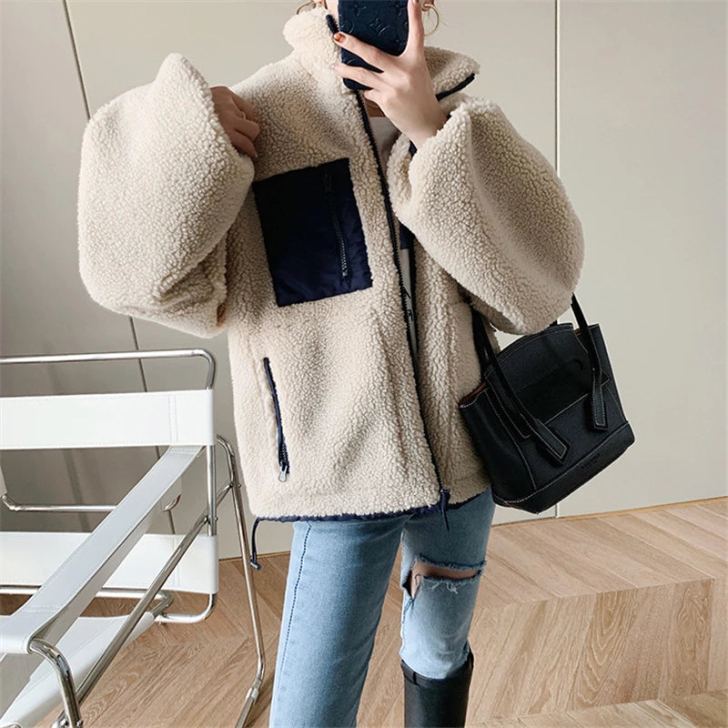 Lambswool Splice Short Jacket Women  Teddy Coats Winter Plus Size Clothes Female