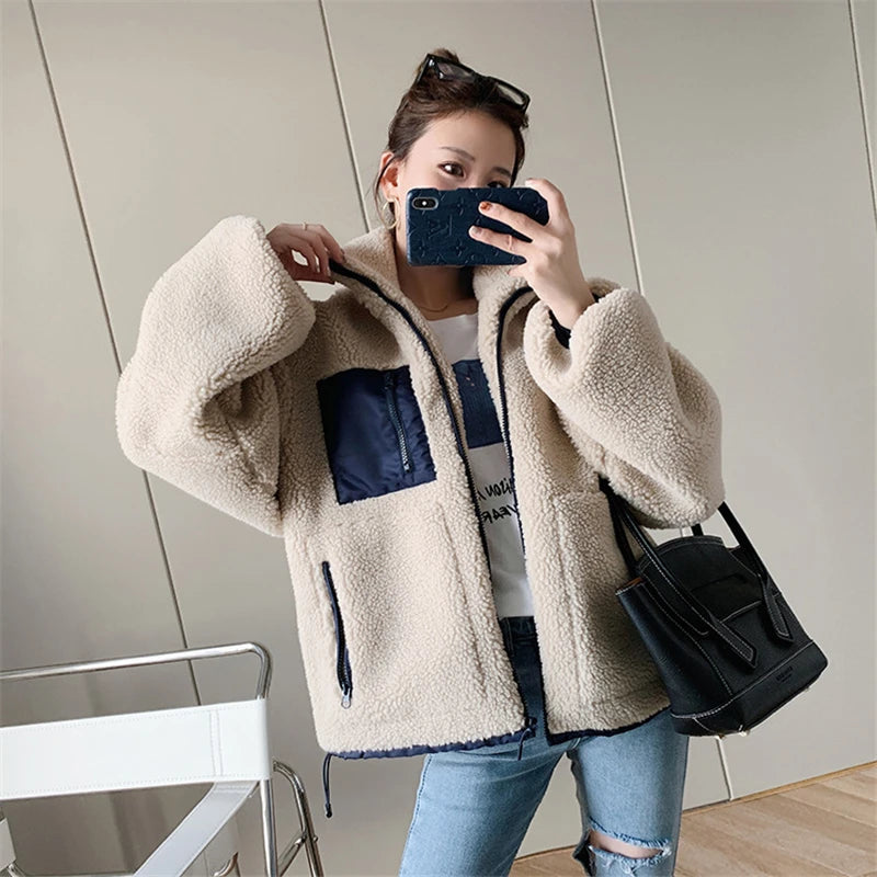 Lambswool Splice Short Jacket Women  Teddy Coats Winter Plus Size Clothes Female