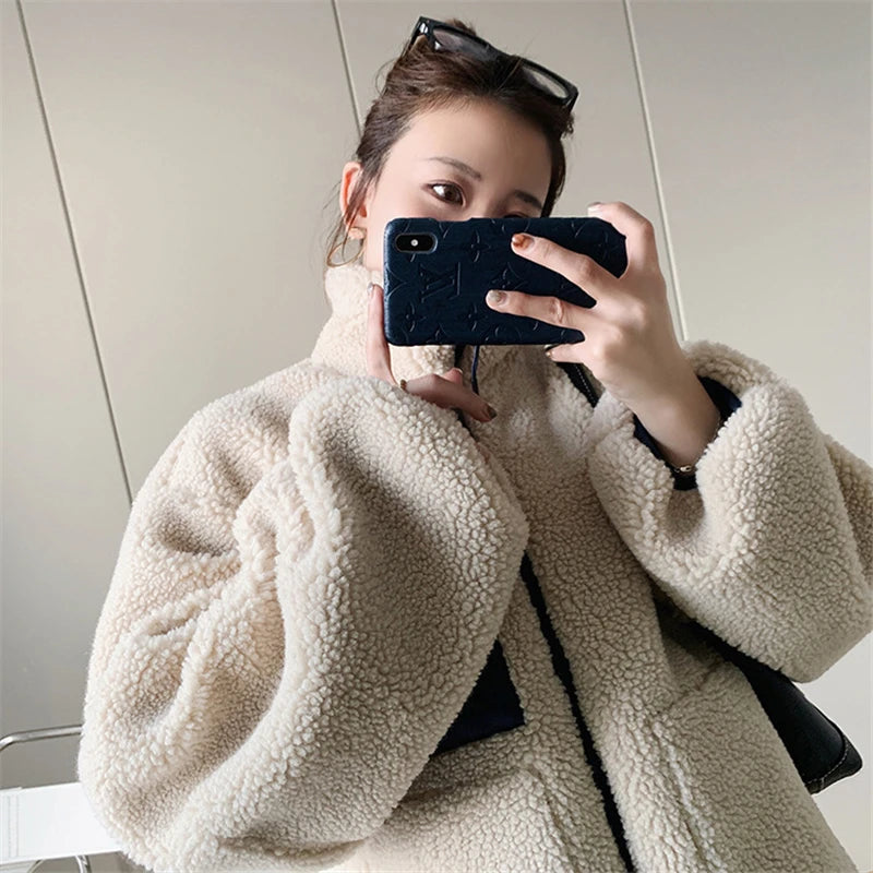 Lambswool Splice Short Jacket Women  Teddy Coats Winter Plus Size Clothes Female