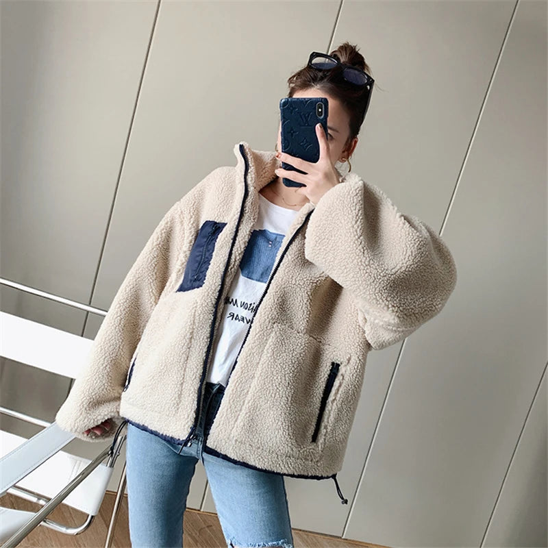 Lambswool Splice Short Jacket Women  Teddy Coats Winter Plus Size Clothes Female