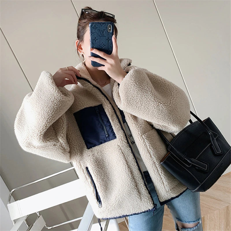 Lambswool Splice Short Jacket Women  Teddy Coats Winter Plus Size Clothes Female