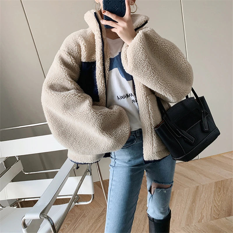 Lambswool Splice Short Jacket Women  Teddy Coats Winter Plus Size Clothes Female