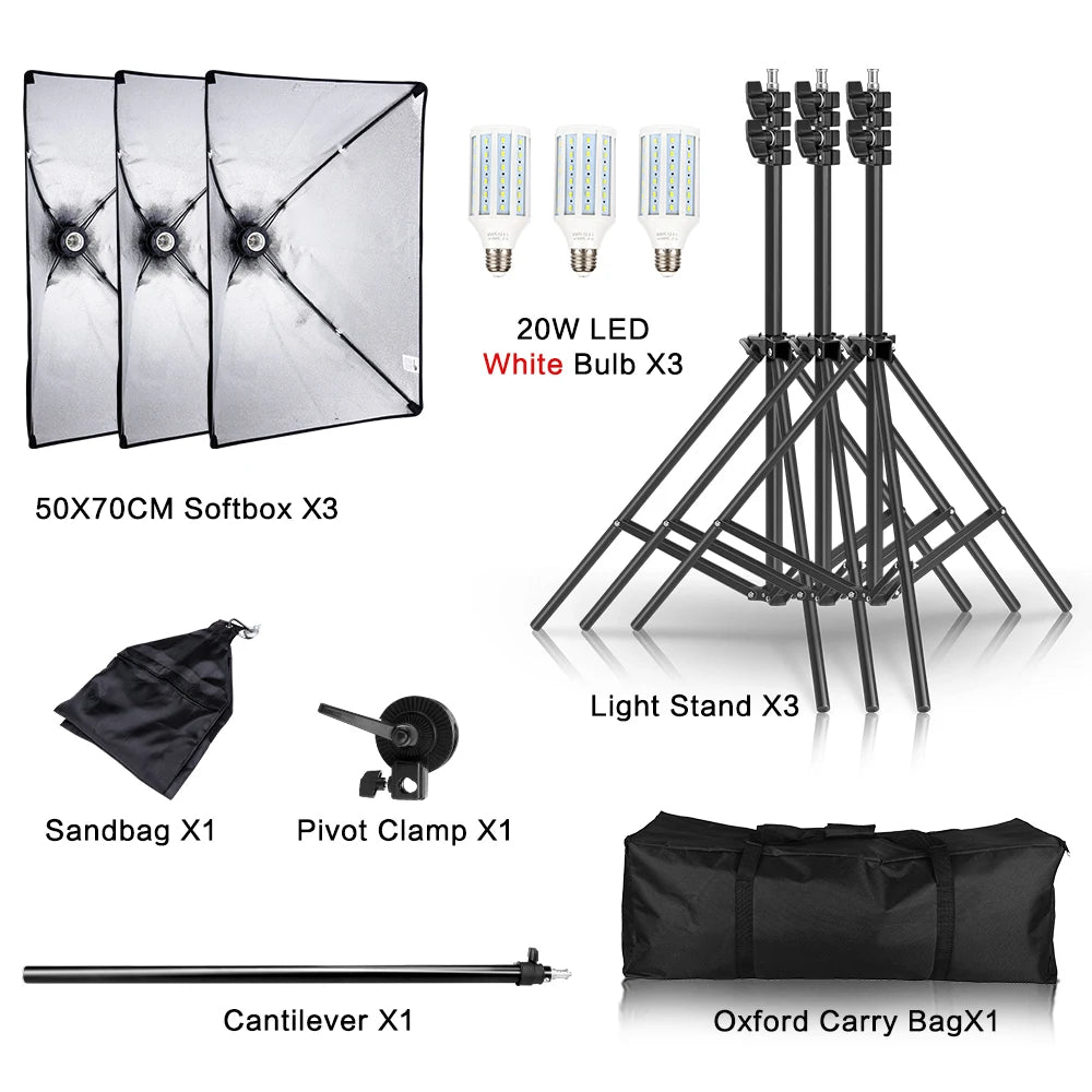 SH 3Pcs SoftBox With Sandbag Professional Photography Photo Studio Softbox Lights Lighting Kit Equipment Boom Arm