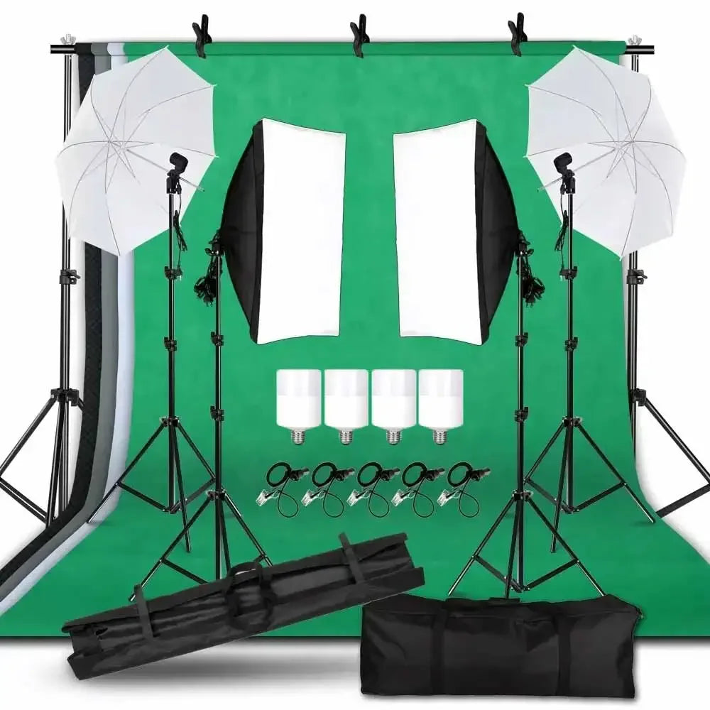 Photography Photo Studio Softbox Lighting Kit With 2.6x3M Background Frame 3pcs Backdrops Tripod Stand Reflector Board 4Umbrella