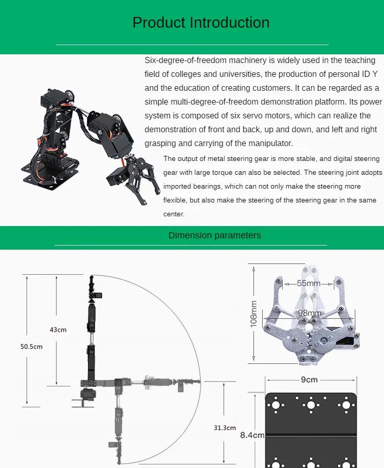 360 Degrees 6 DOF Robot Metal Alloy Mechanical Arm