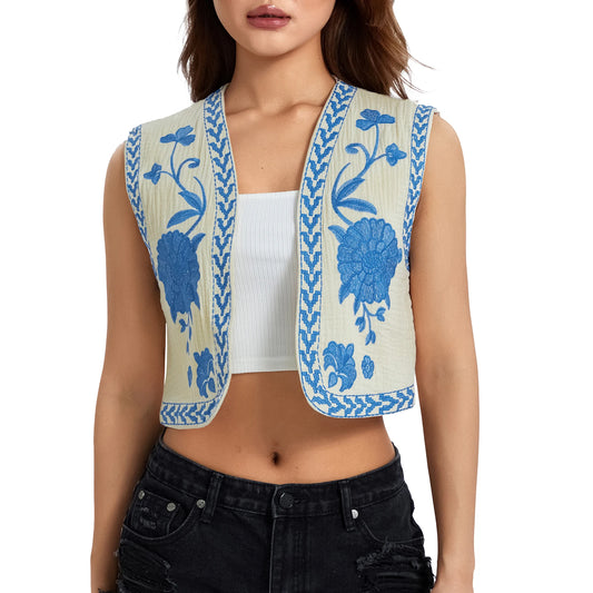 Women's Embroidered Cardigan Vest Sleeveless Open Front