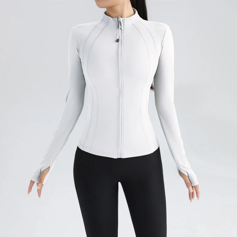 Fitness Running Jacket Stretch Fit Long Sleeve Round Neck Top Sportswear