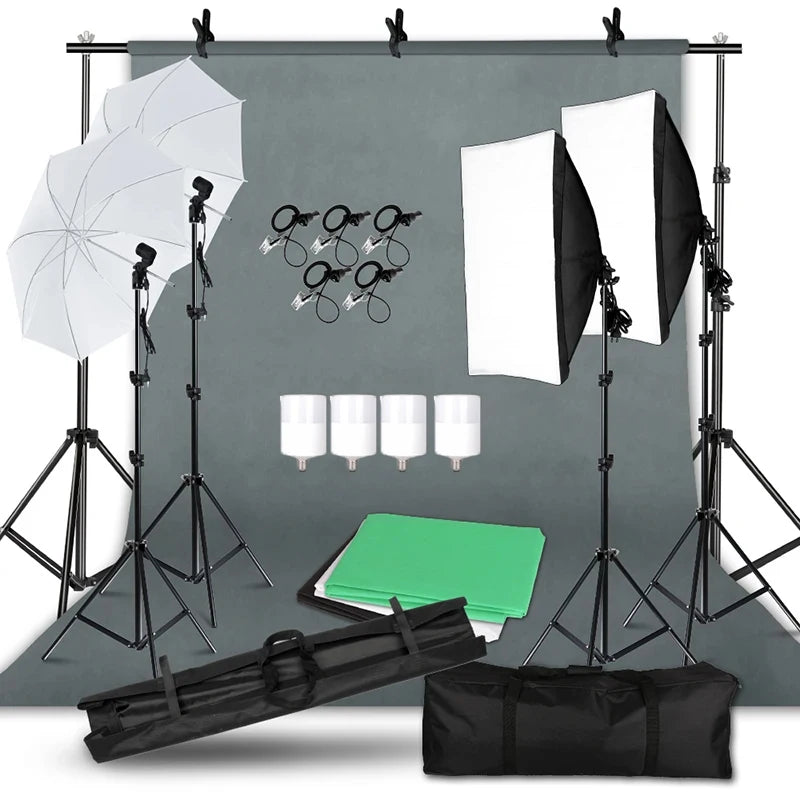 Photography Photo Studio Softbox Lighting Kit With 2.6x3M Background Frame 3pcs Backdrops Tripod Stand Reflector Board 4Umbrella