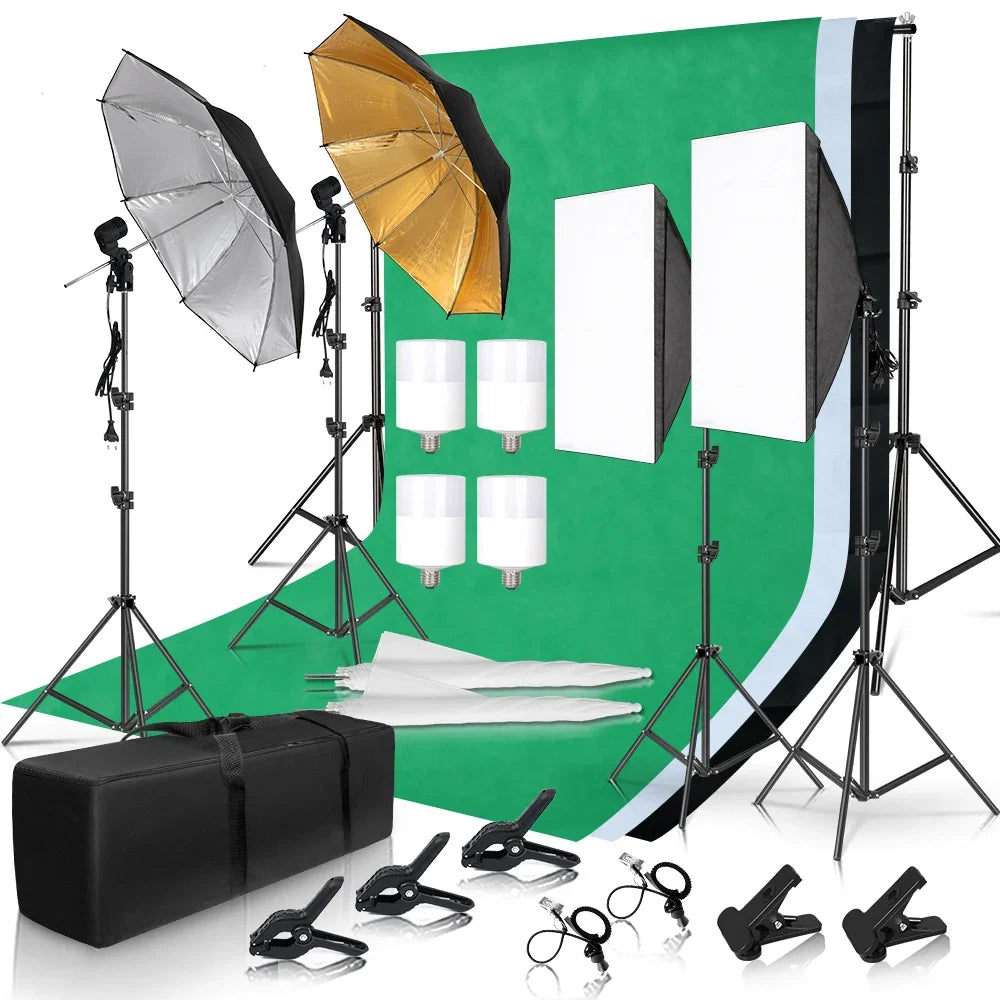 Photography Photo Studio Softbox Lighting Kit With 2.6x3M Background Frame 3pcs Backdrops Tripod Stand Reflector Board 4Umbrella