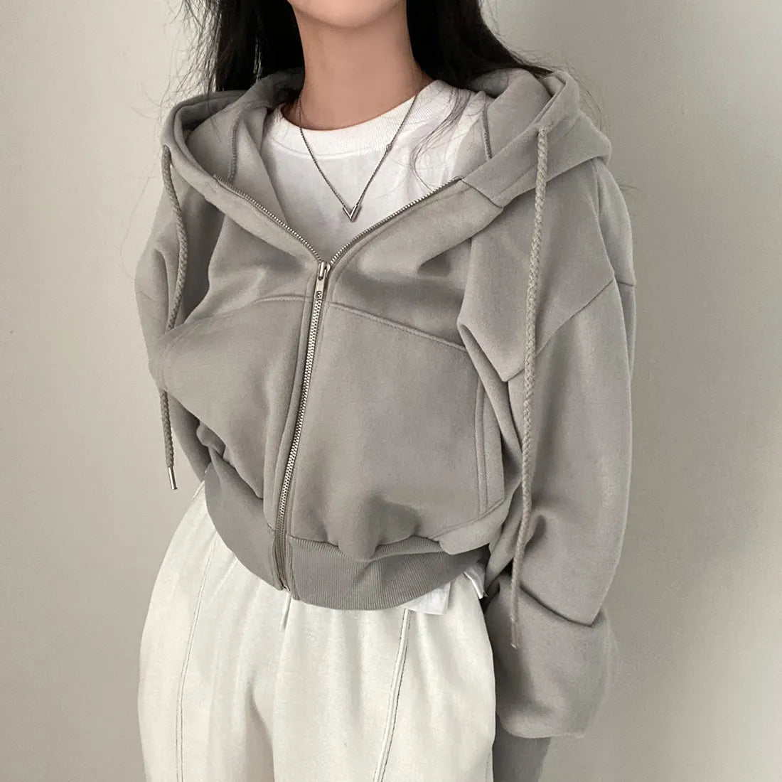 Hoodies Solid Long Sleeve Shirt Oversized Crop Tops Female