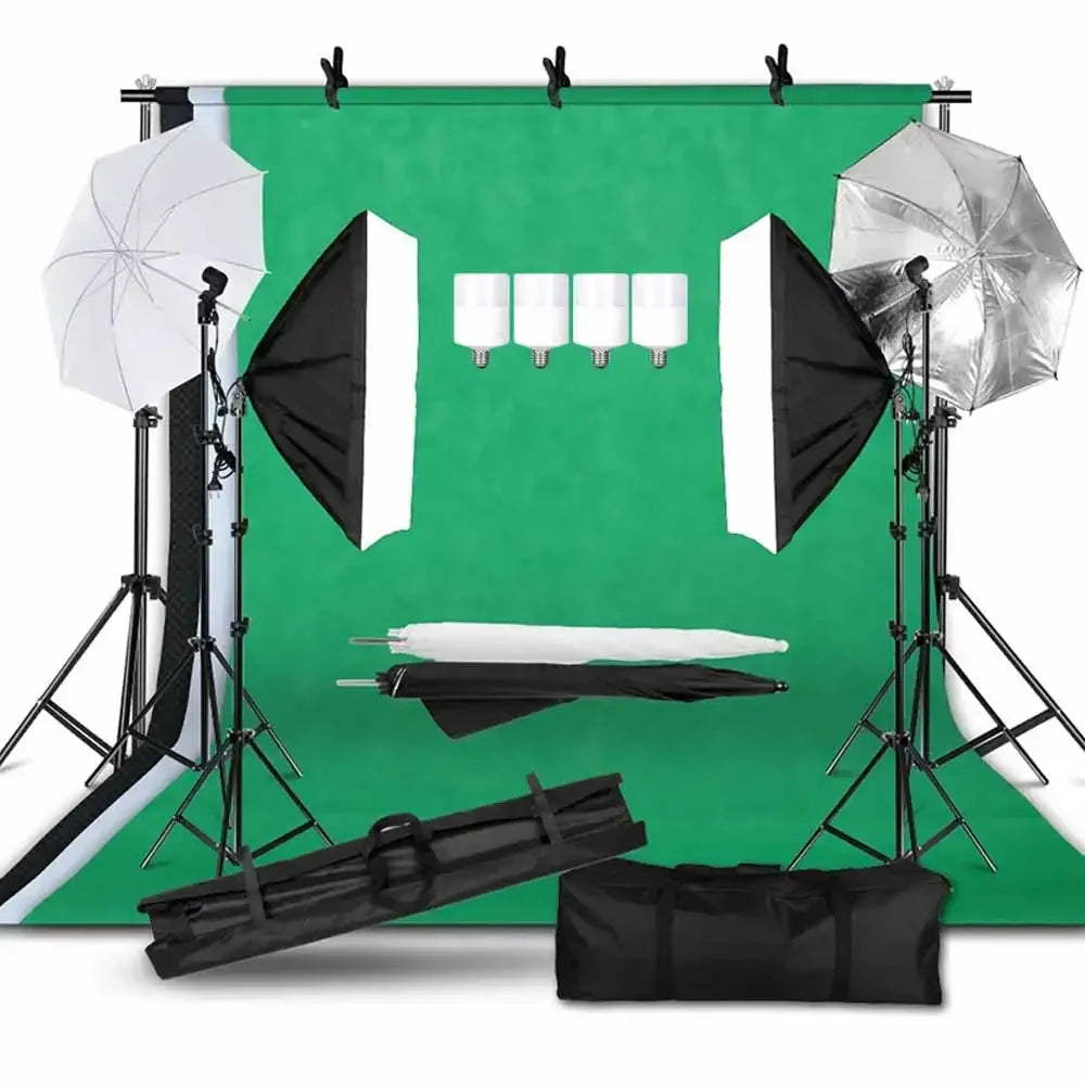 Photography Photo Studio Softbox Lighting Kit With 2.6x3M Background Frame 3pcs Backdrops Tripod Stand Reflector Board 4Umbrella