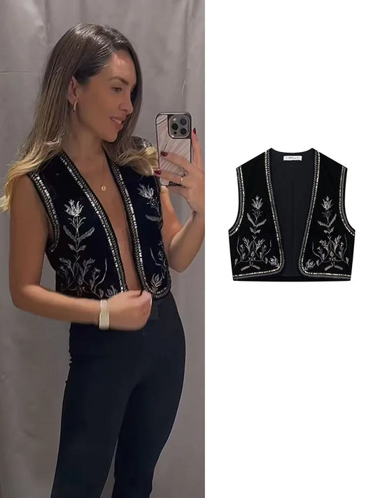 Black Sleeveless Beading Vests Cropped Outwear Winter Coats